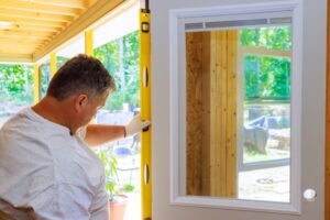Professional installer correcting common door installation mistakes on a residential entry door