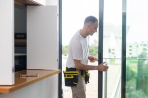 Professional technician repairing a sliding glass door that is hard to open